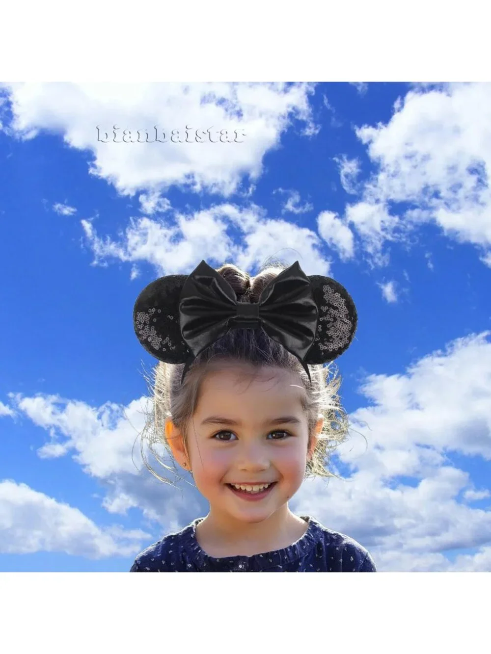 Women Black Polyester Sparkle Sequins Mickey Mouse Hair Bow Handmade Headband